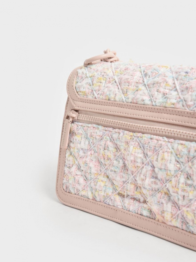 Charles And Keith Micaela Tweed Quilted Chain Crossbody Bags Light Pink | PHILIPPINES Y925