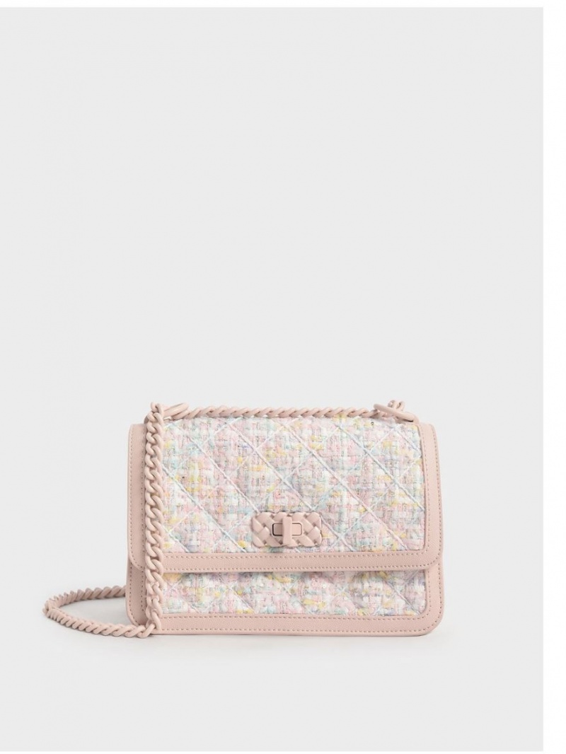 Charles And Keith Micaela Tweed Quilted Chain Crossbody Bags Light Pink | PHILIPPINES Y925