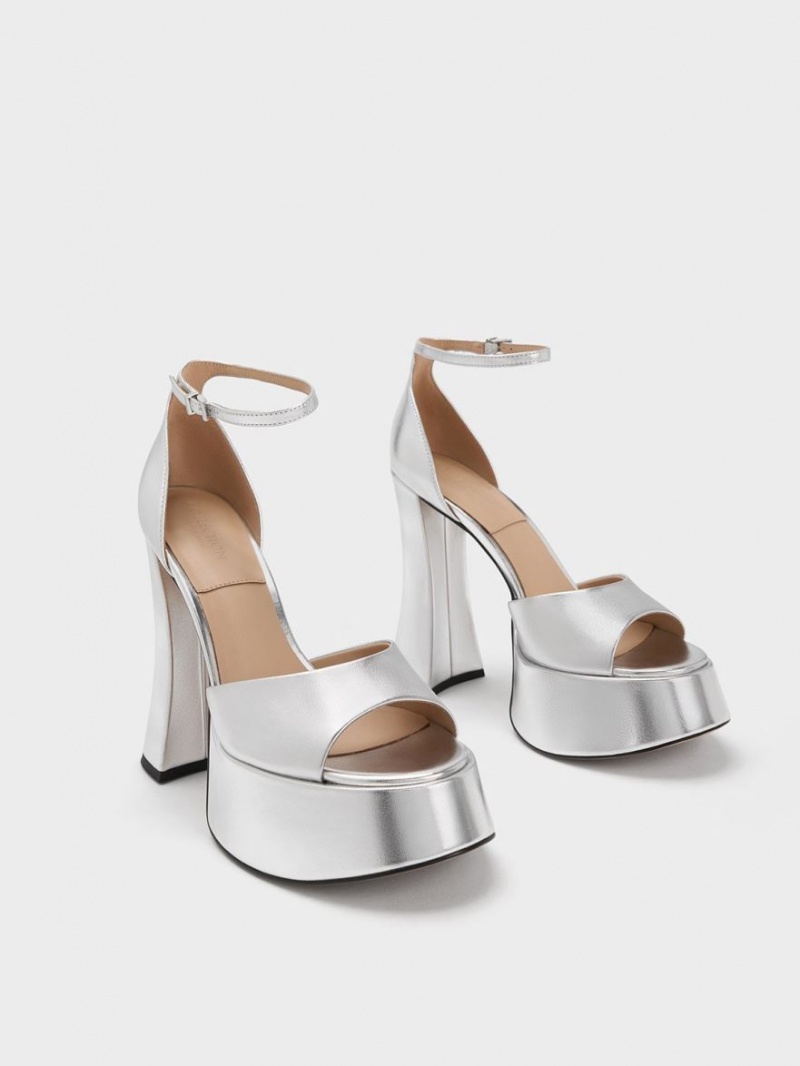 Charles And Keith Michelle Metallic Leather Platform Sandals Silver | PHILIPPINES N038