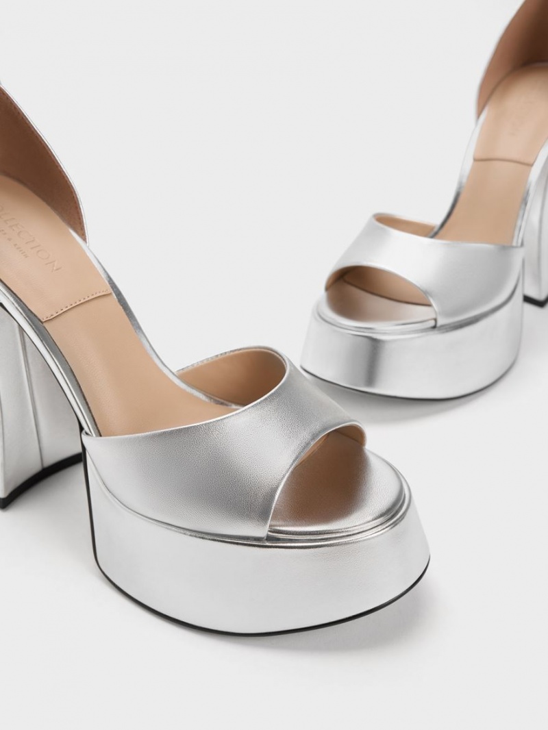 Charles And Keith Michelle Metallic Leather Platform Sandals Silver | PHILIPPINES N038