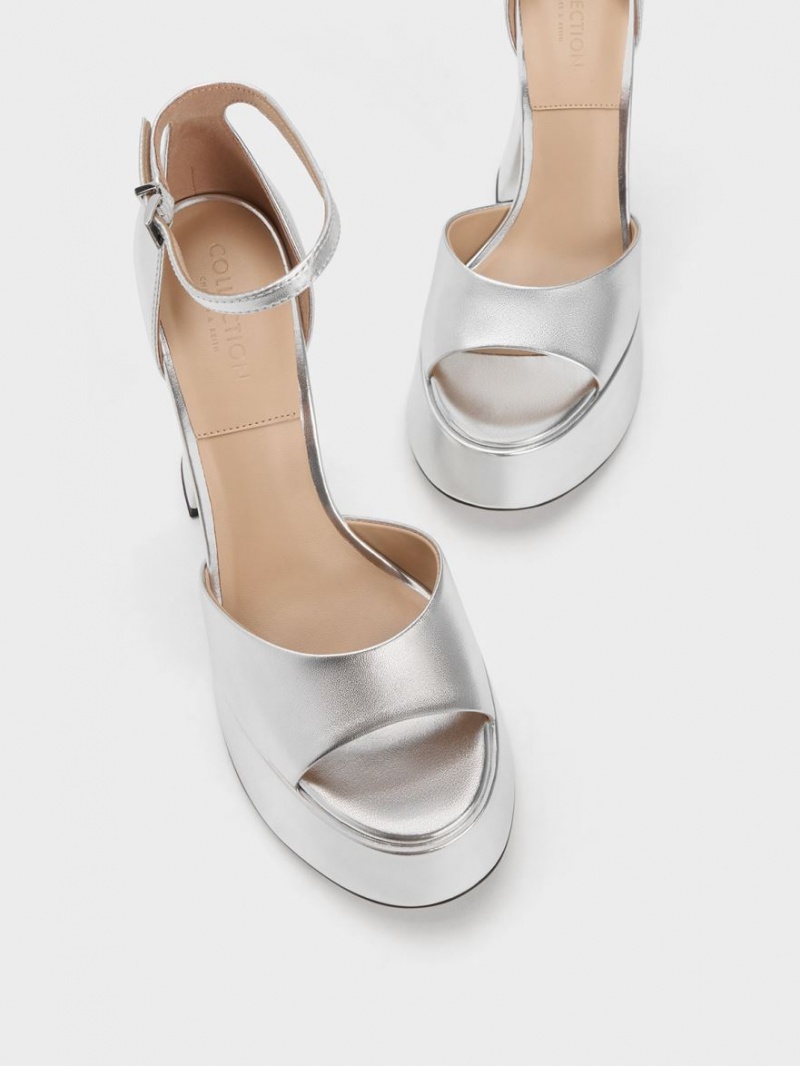 Charles And Keith Michelle Metallic Leather Platform Sandals Silver | PHILIPPINES N038