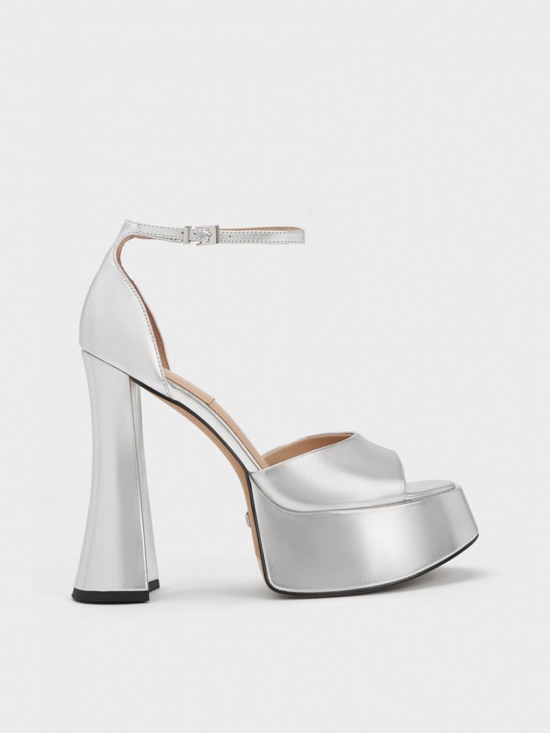 Charles And Keith Michelle Metallic Leather Platform Sandals Silver | PHILIPPINES N038