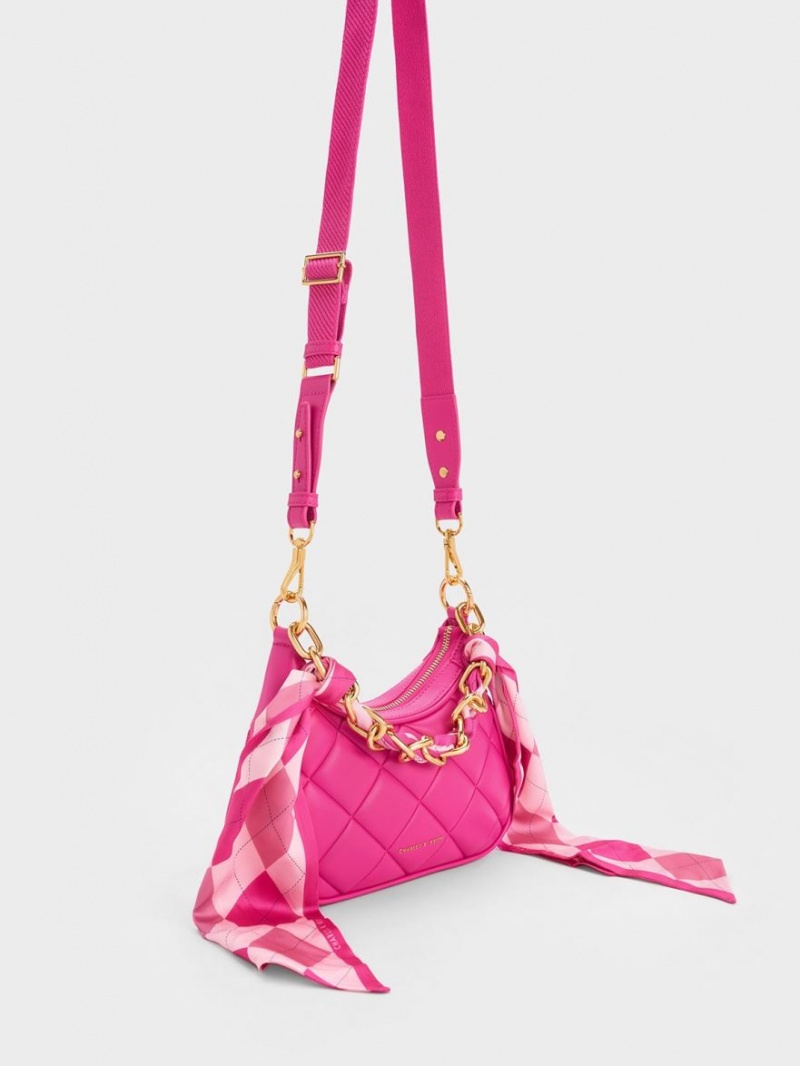 Charles And Keith Mini Alcott Scarf Handle Quilted Shoulder Bags Fuchsia | PHILIPPINES Z235