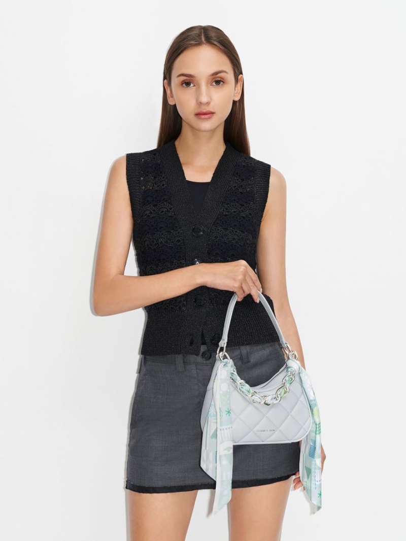 Charles And Keith Mini Alcott Scarf Handle Quilted Shoulder Bags Light Grey | PHILIPPINES H473