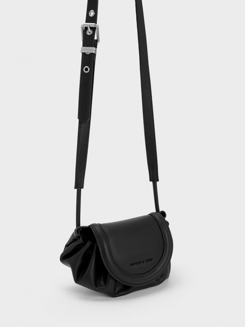 Charles And Keith Mini Blossom Curved Flap Crossbody Bags Black | PHILIPPINES U908