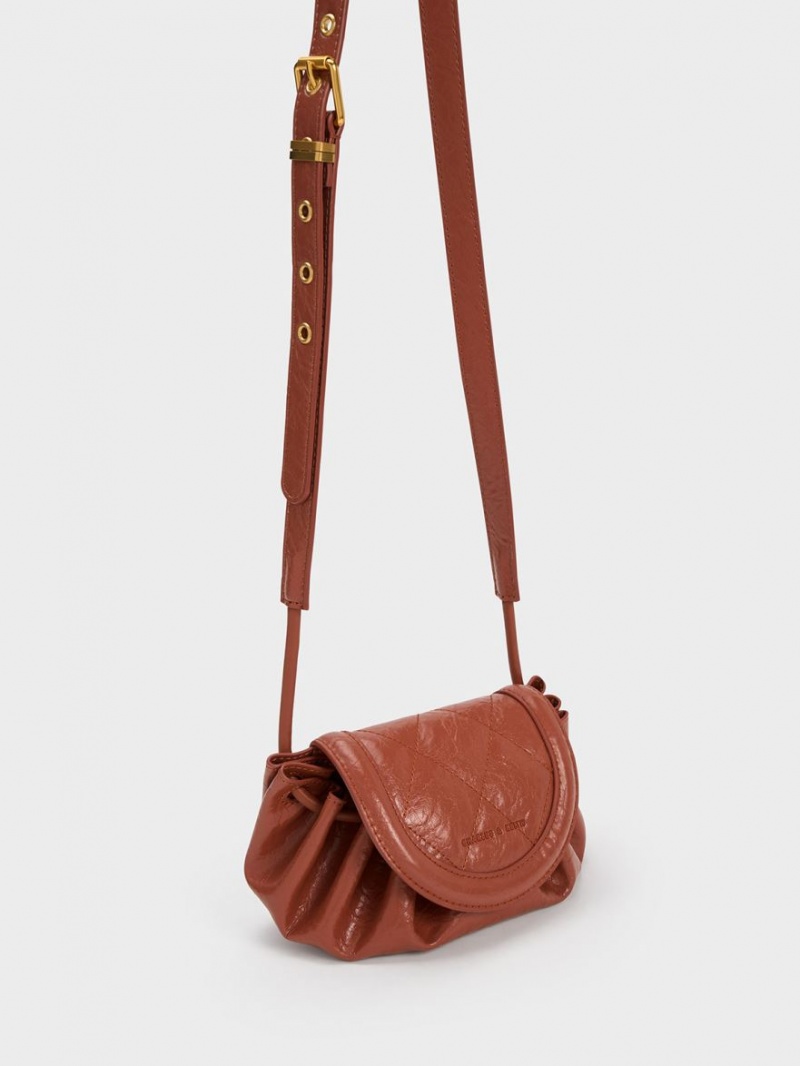 Charles And Keith Mini Blossom Curved Flap Quilted Crossbody Bags Dark Red | PHILIPPINES S239