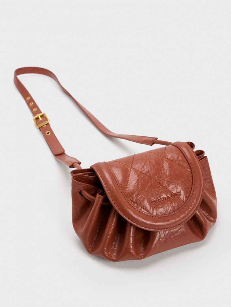 Charles And Keith Mini Blossom Curved Flap Quilted Crossbody Bags Dark Red | PHILIPPINES S239