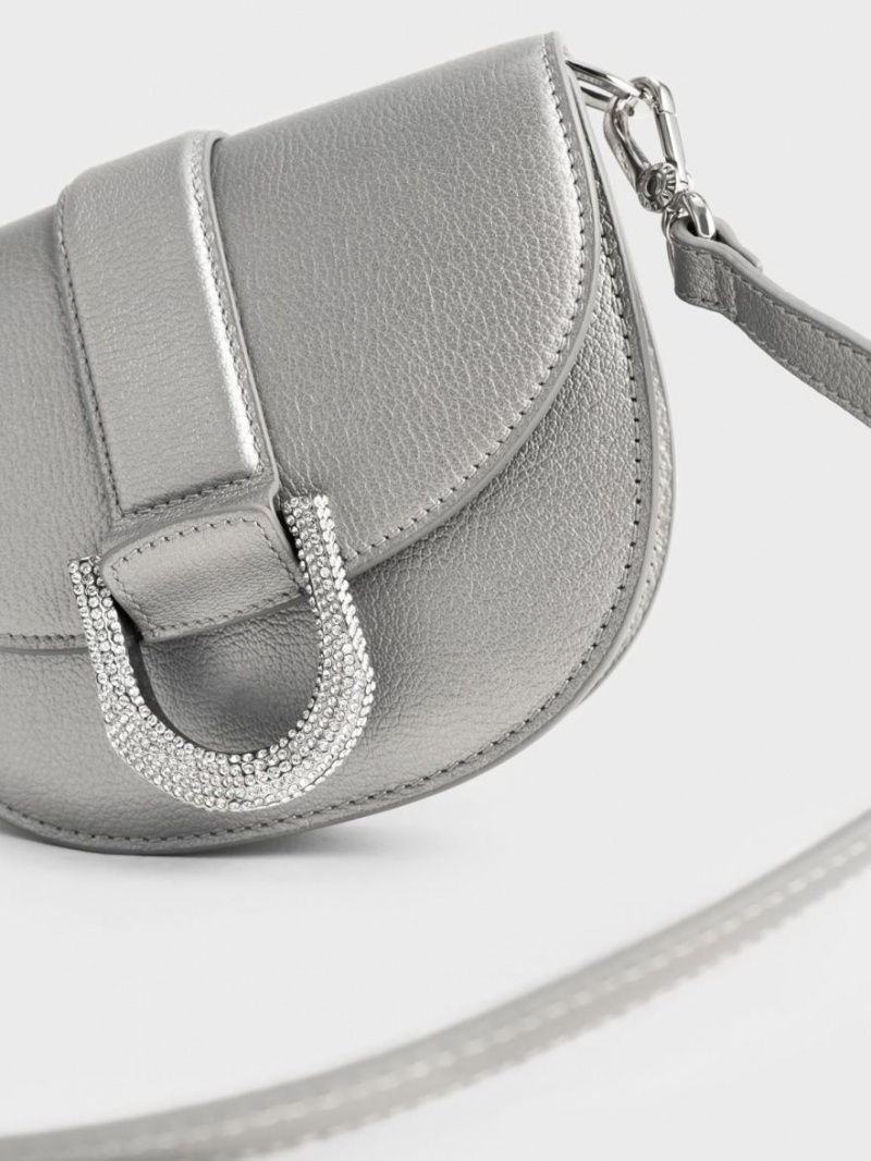 Charles And Keith Mini Gabine Leather Saddle Bags Silver | PHILIPPINES N479