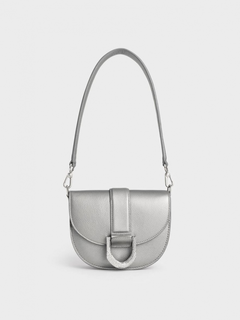 Charles And Keith Mini Gabine Leather Saddle Bags Silver | PHILIPPINES N479