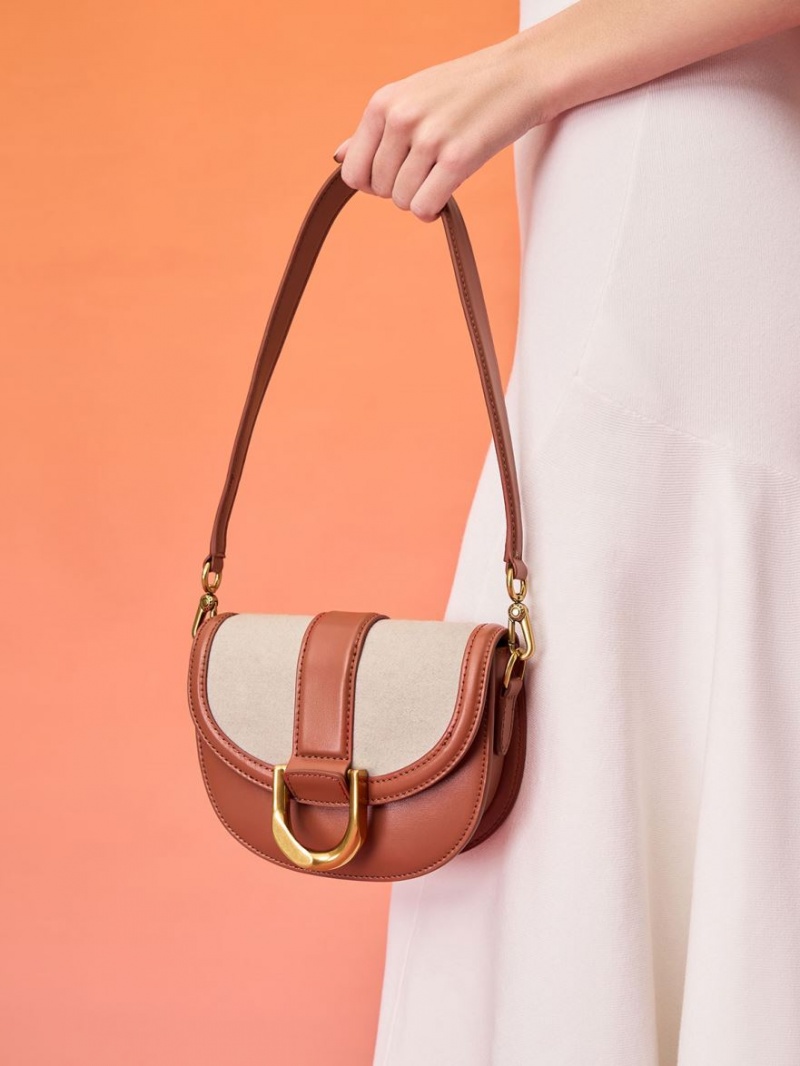 Charles And Keith Mini Gabine Two-Tone​ Saddle Bags Brown | PHILIPPINES O216