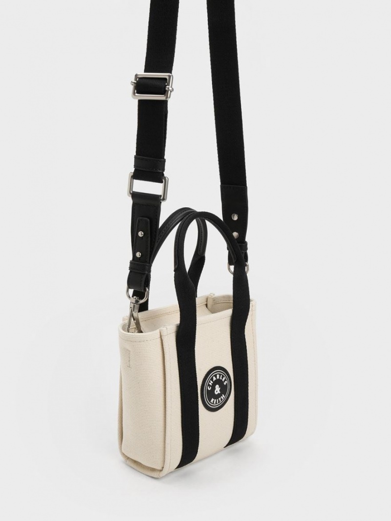 Charles And Keith Mini Kay Canvas Contrast-Trim Tote Bags Beige | PHILIPPINES N941