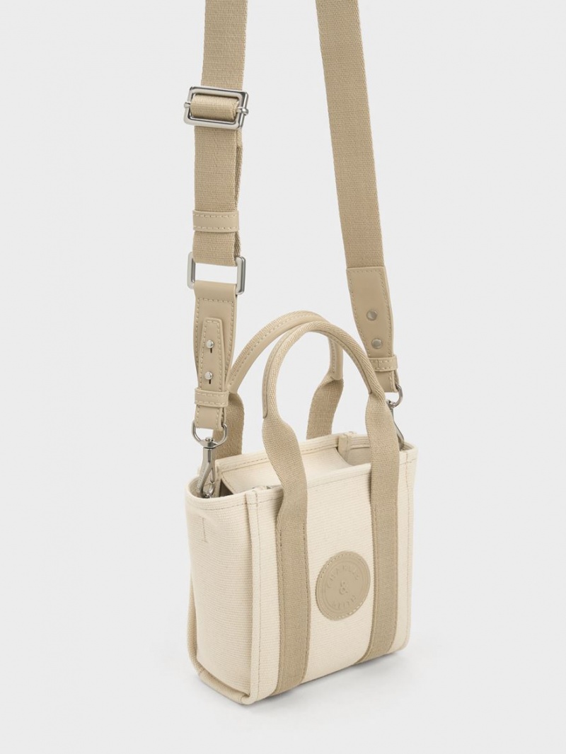 Charles And Keith Mini Kay Canvas Contrast-Trim Tote Bags Beige | PHILIPPINES R430