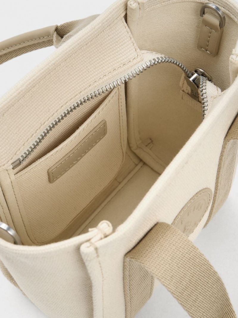 Charles And Keith Mini Kay Canvas Contrast-Trim Tote Bags Beige | PHILIPPINES R430