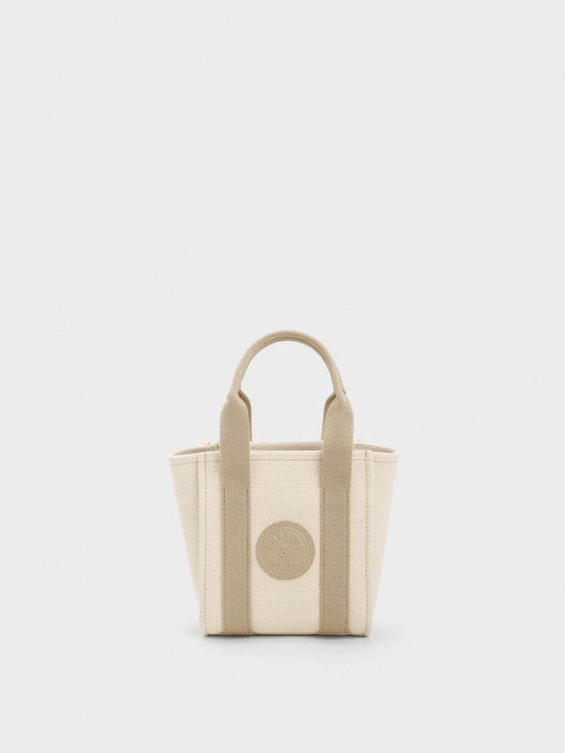 Charles And Keith Mini Kay Canvas Contrast-Trim Tote Bags Beige | PHILIPPINES R430