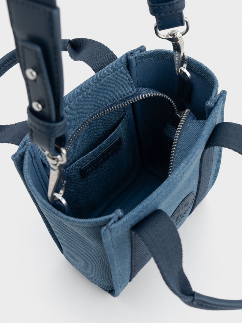 Charles And Keith Mini Kay Denim Contrast-Trim Tote Bags Blue | PHILIPPINES B439