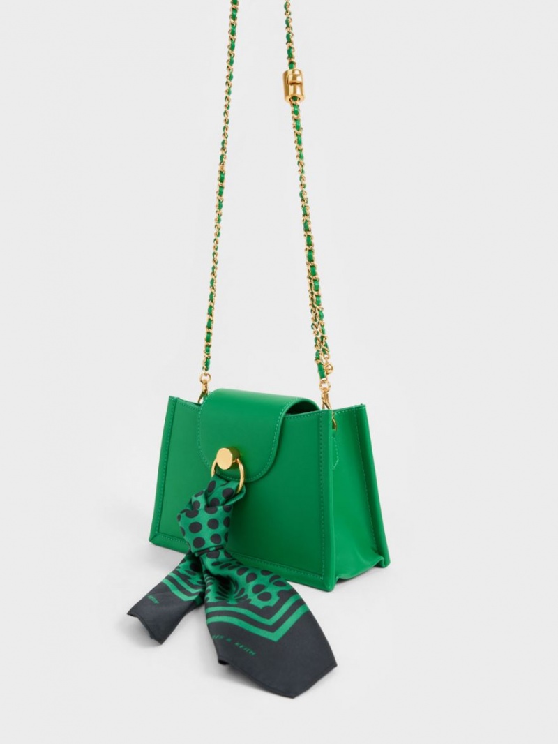 Charles And Keith Mini Roza Beaded Handle Scarf Crossbody Bags Green | PHILIPPINES B650