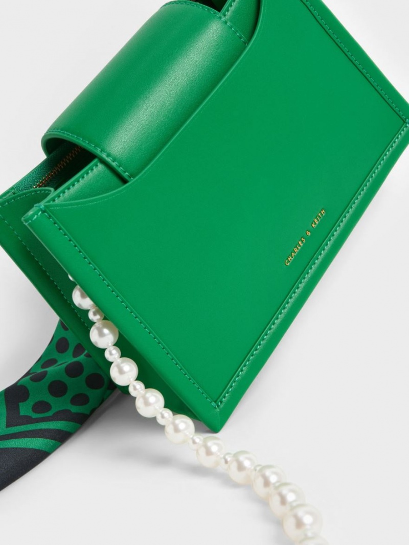 Charles And Keith Mini Roza Beaded Handle Scarf Crossbody Bags Green | PHILIPPINES B650