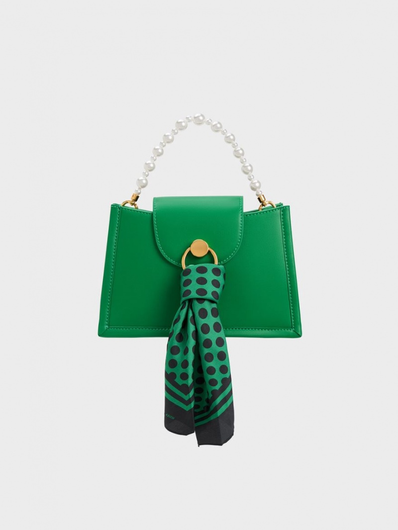 Charles And Keith Mini Roza Beaded Handle Scarf Crossbody Bags Green | PHILIPPINES B650