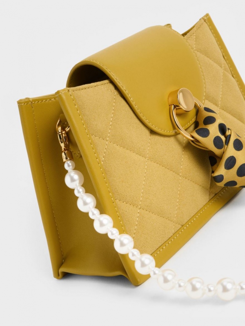 Charles And Keith Mini Roza Beaded Handle Scarf Crossbody Bags Mustard | PHILIPPINES T284