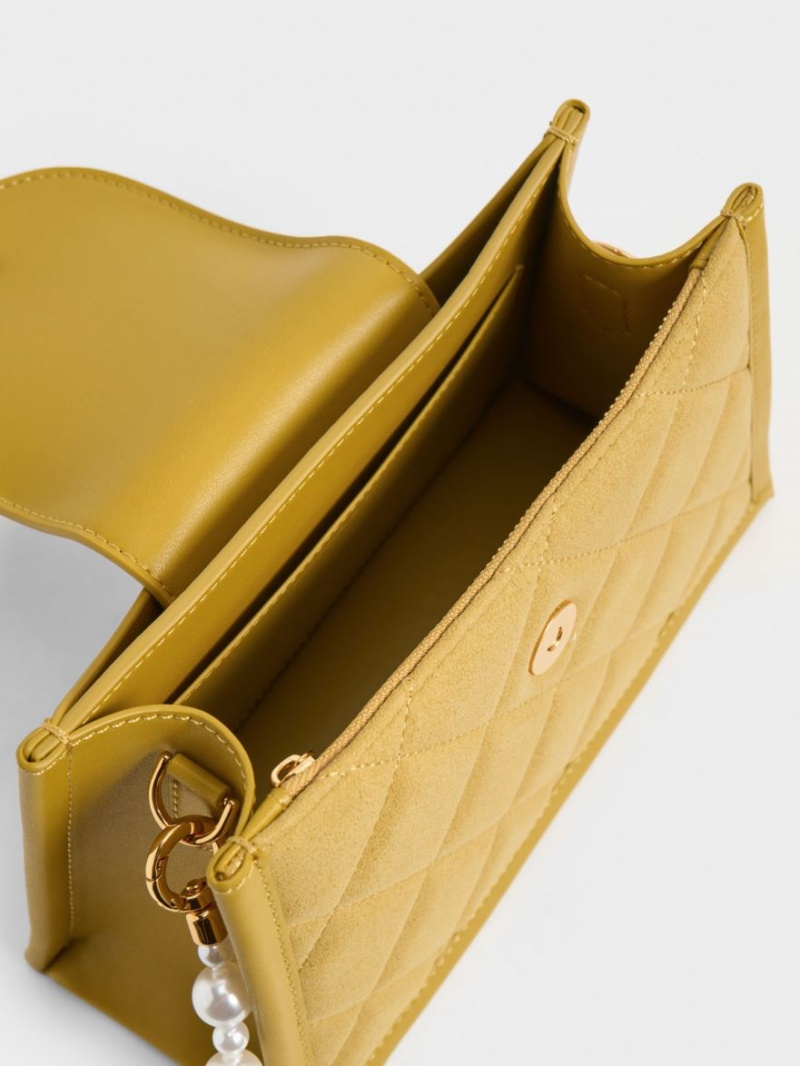 Charles And Keith Mini Roza Beaded Handle Scarf Crossbody Bags Mustard | PHILIPPINES T284