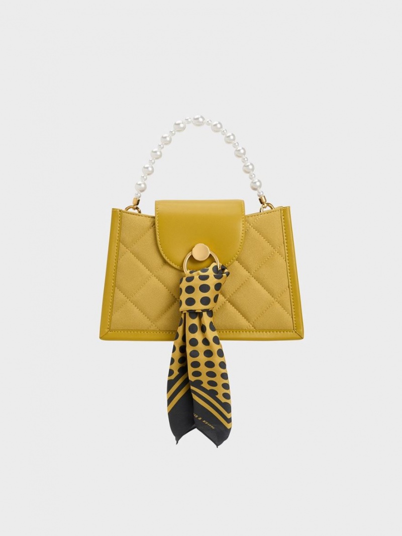 Charles And Keith Mini Roza Beaded Handle Scarf Crossbody Bags Mustard | PHILIPPINES T284