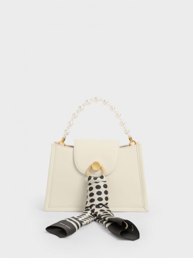 Charles And Keith Mini Roza Beaded Handle Scarf Crossbody Bags Cream | PHILIPPINES A023