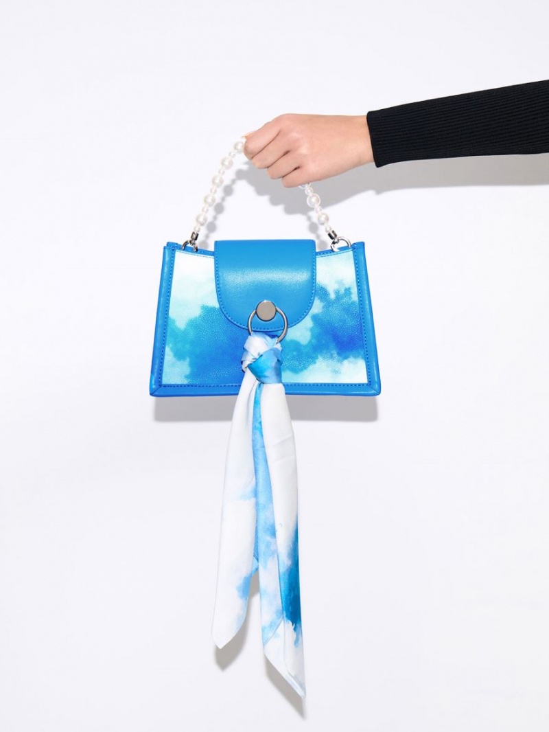 Charles And Keith Mini Roza Beaded Handle Scarf Cloud-Print Crossbody Bags Blue | PHILIPPINES L726