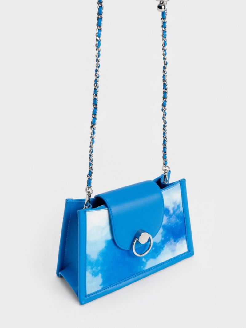 Charles And Keith Mini Roza Beaded Handle Scarf Cloud-Print Crossbody Bags Blue | PHILIPPINES L726