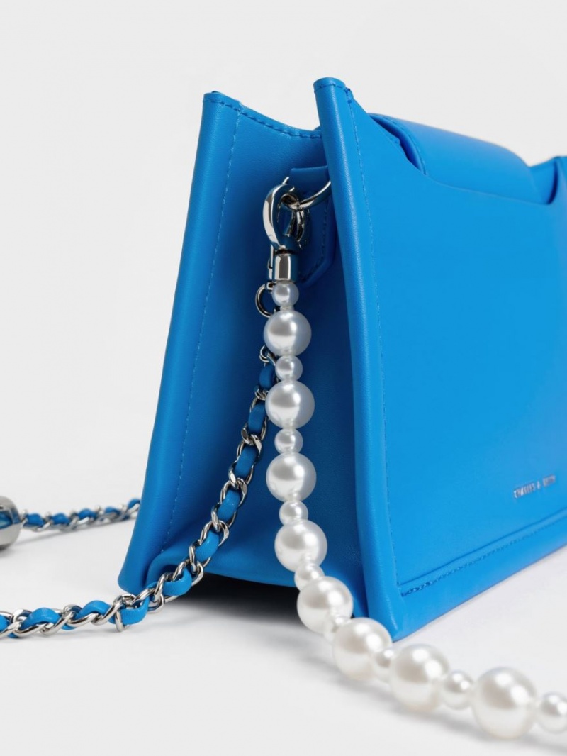 Charles And Keith Mini Roza Beaded Handle Scarf Cloud-Print Crossbody Bags Blue | PHILIPPINES L726