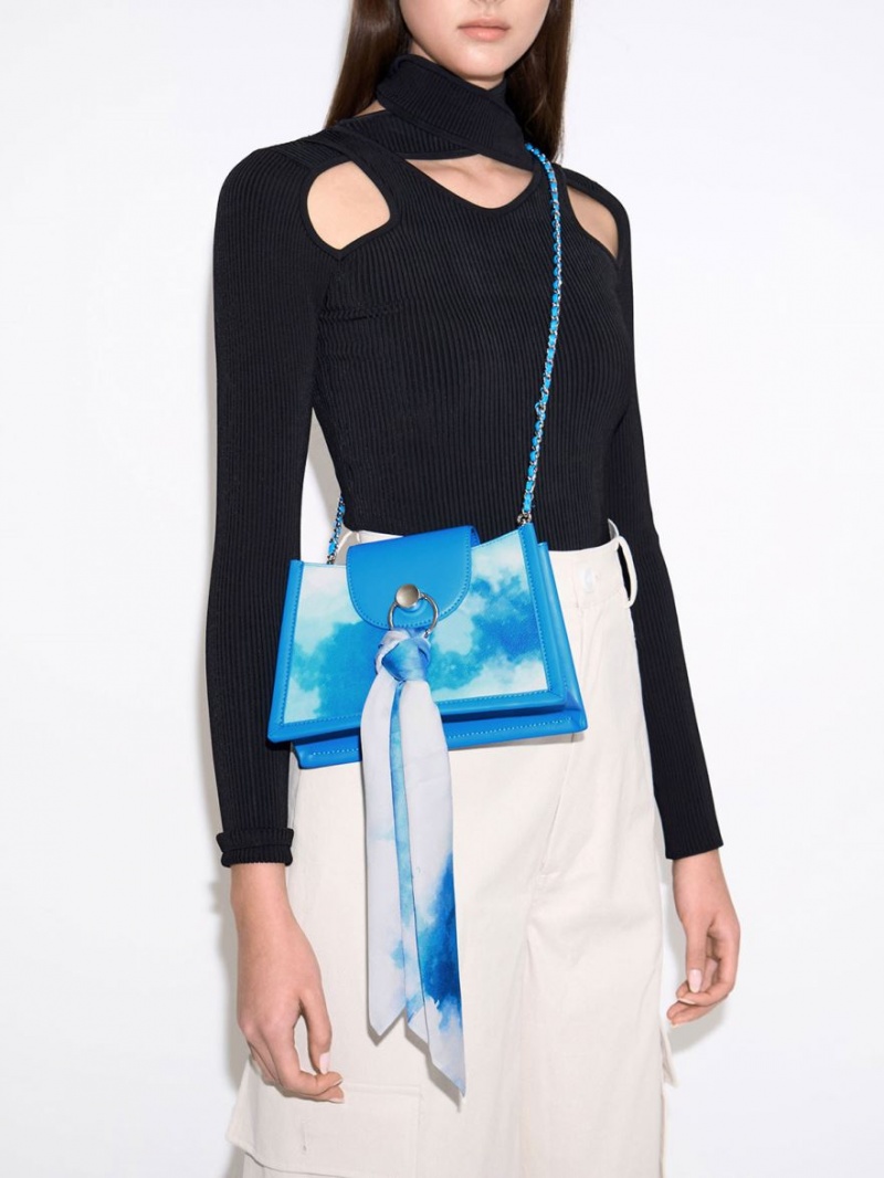 Charles And Keith Mini Roza Beaded Handle Scarf Cloud-Print Crossbody Bags Blue | PHILIPPINES L726