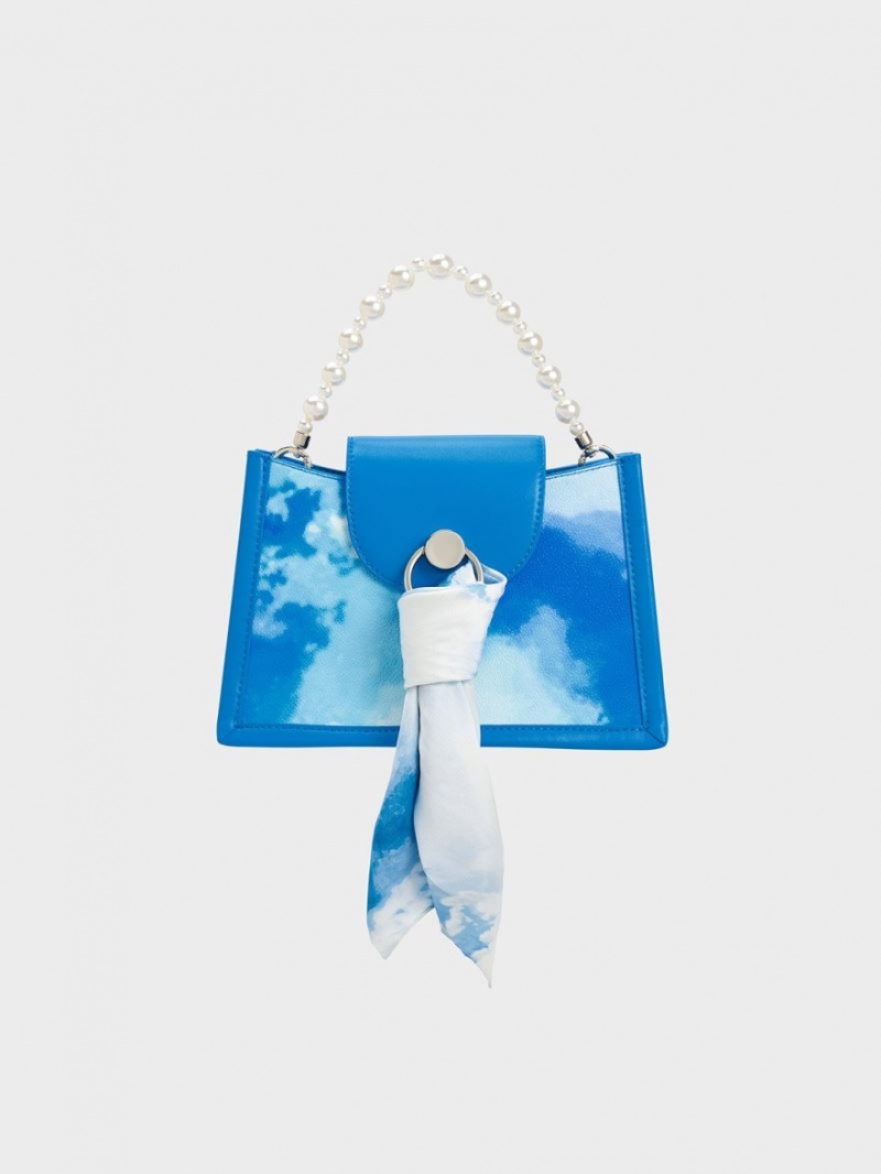 Charles And Keith Mini Roza Beaded Handle Scarf Cloud-Print Crossbody Bags Blue | PHILIPPINES L726