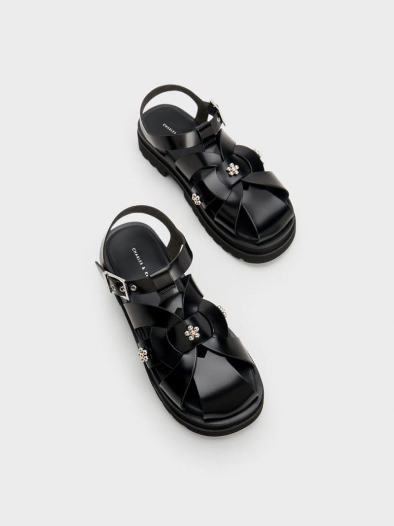 Charles And Keith Nell Gladiator Floral-Embellished Platform Sandals Black | PHILIPPINES Q526