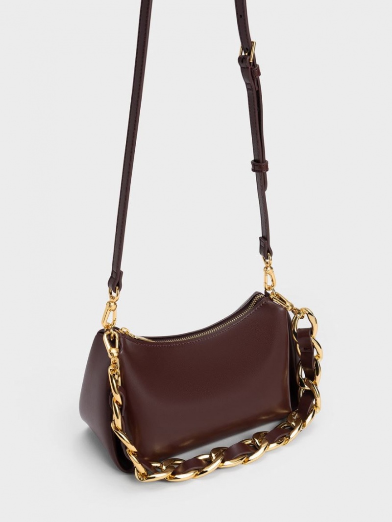 Charles And Keith Nezu Chain Handle Hobo Bag Dark Chocolate | PHILIPPINES S360