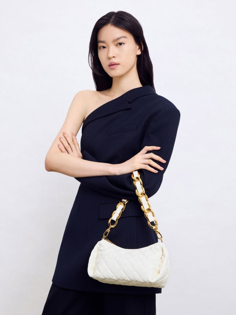 Charles And Keith Nezu Chain Handle Quilted Hobo Bag White | PHILIPPINES N793