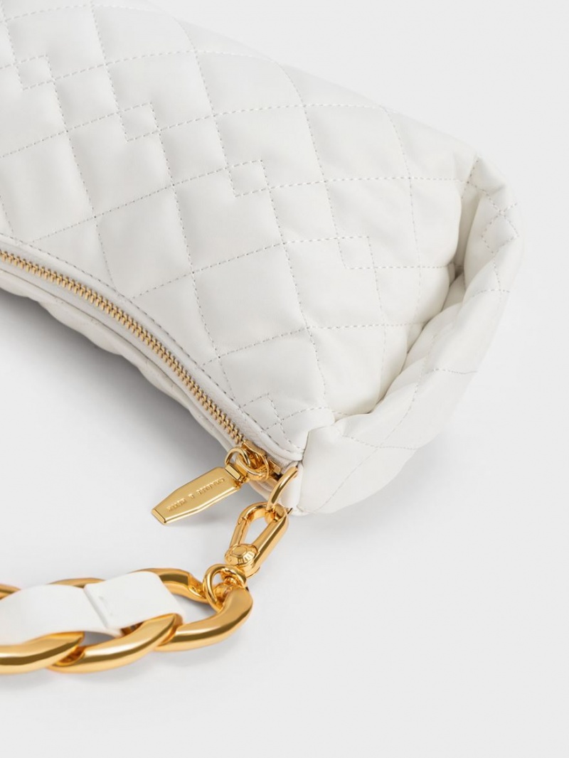 Charles And Keith Nezu Chain Handle Quilted Hobo Bag White | PHILIPPINES N793