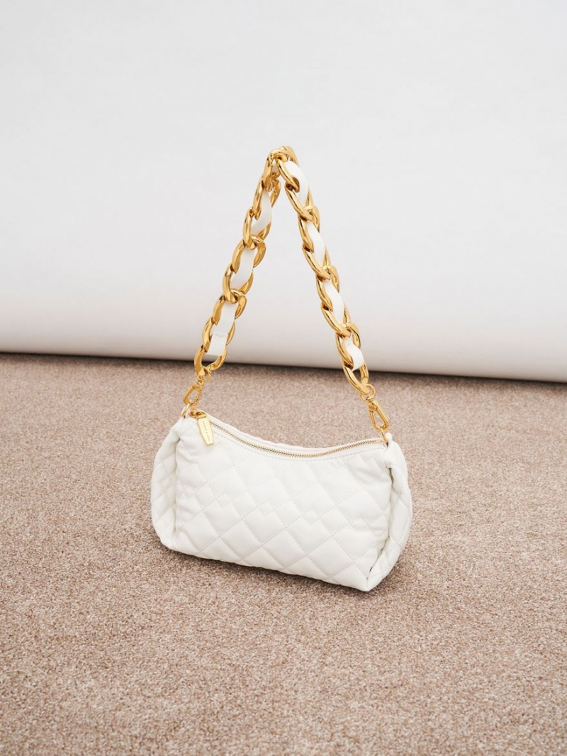 Charles And Keith Nezu Chain Handle Quilted Hobo Bag White | PHILIPPINES N793