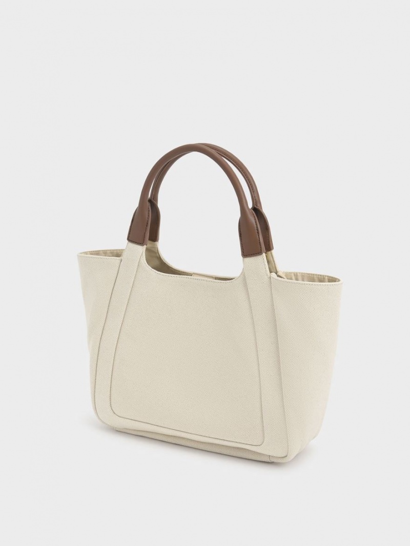 Charles And Keith Nova Two-Tone Large Canvas Tote Bags White | PHILIPPINES R031