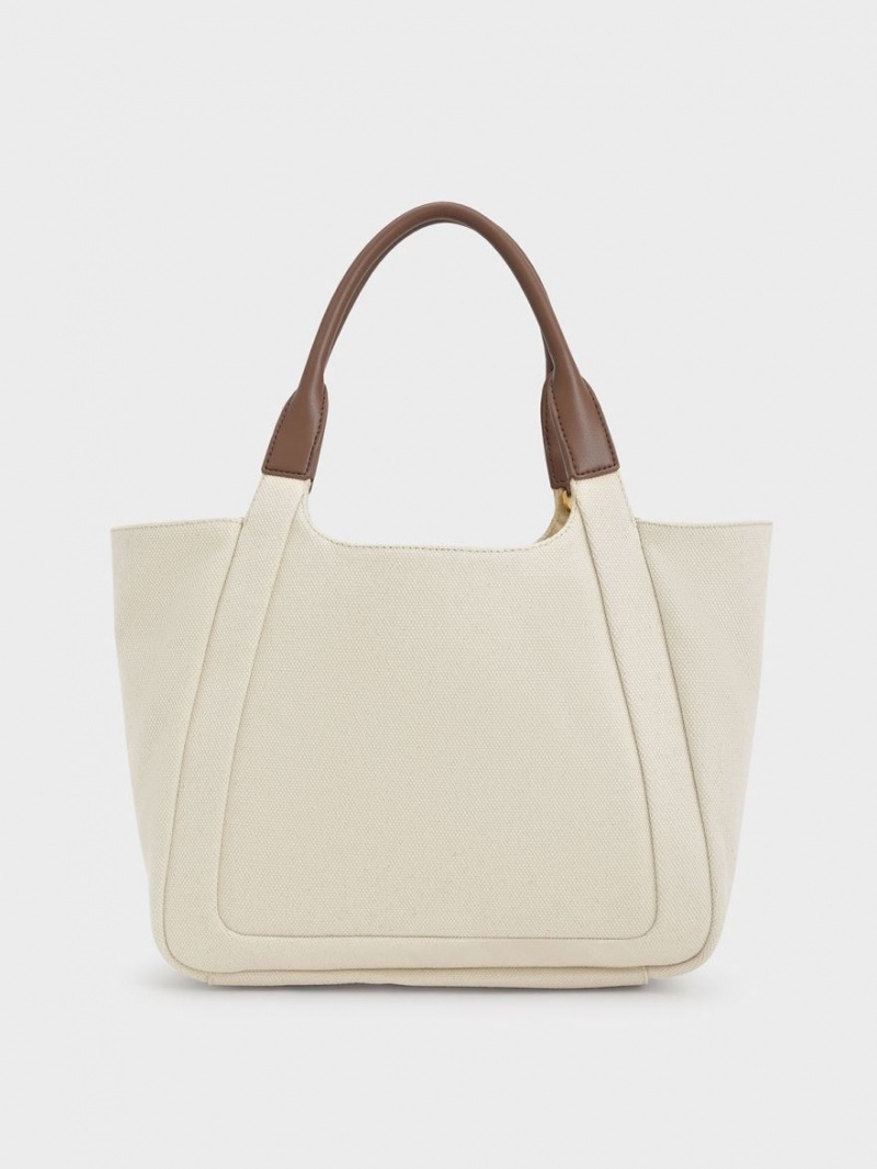 Charles And Keith Nova Two-Tone Large Canvas Tote Bags White | PHILIPPINES R031