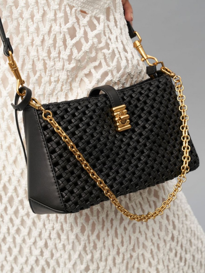 Charles And Keith Nova Woven Chain-Handle Shoulder Bags Black | PHILIPPINES P612