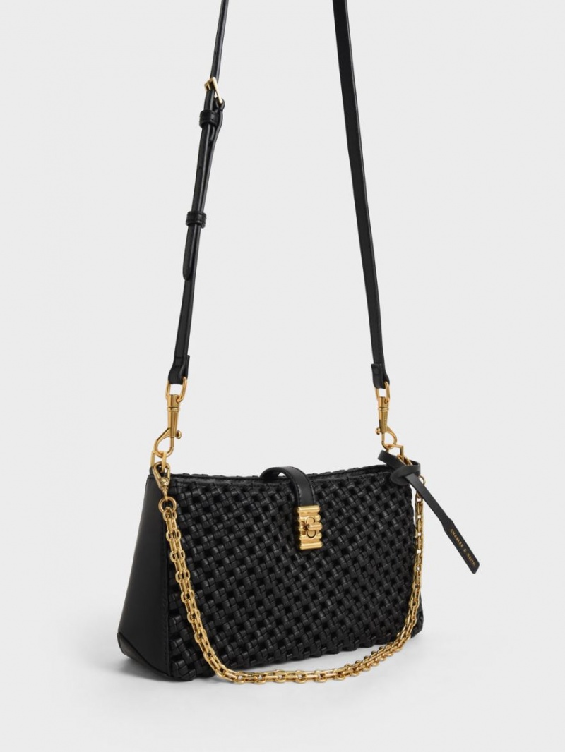 Charles And Keith Nova Woven Chain-Handle Shoulder Bags Black | PHILIPPINES P612