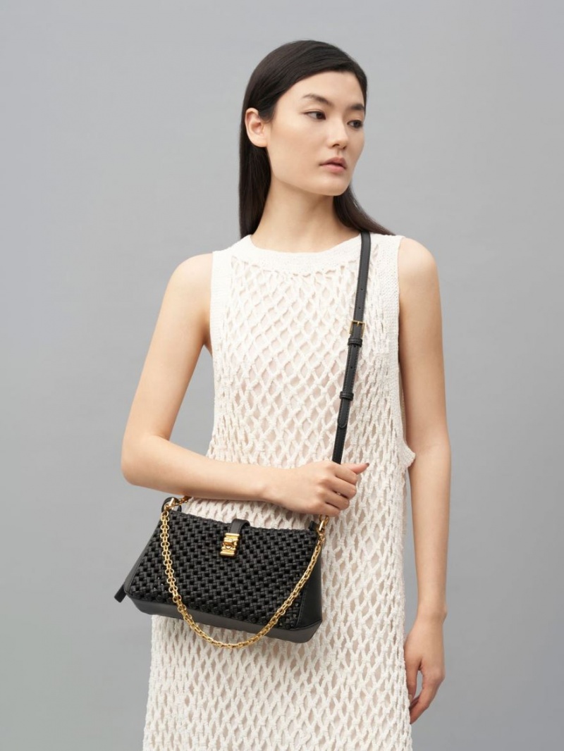 Charles And Keith Nova Woven Chain-Handle Shoulder Bags Black | PHILIPPINES P612