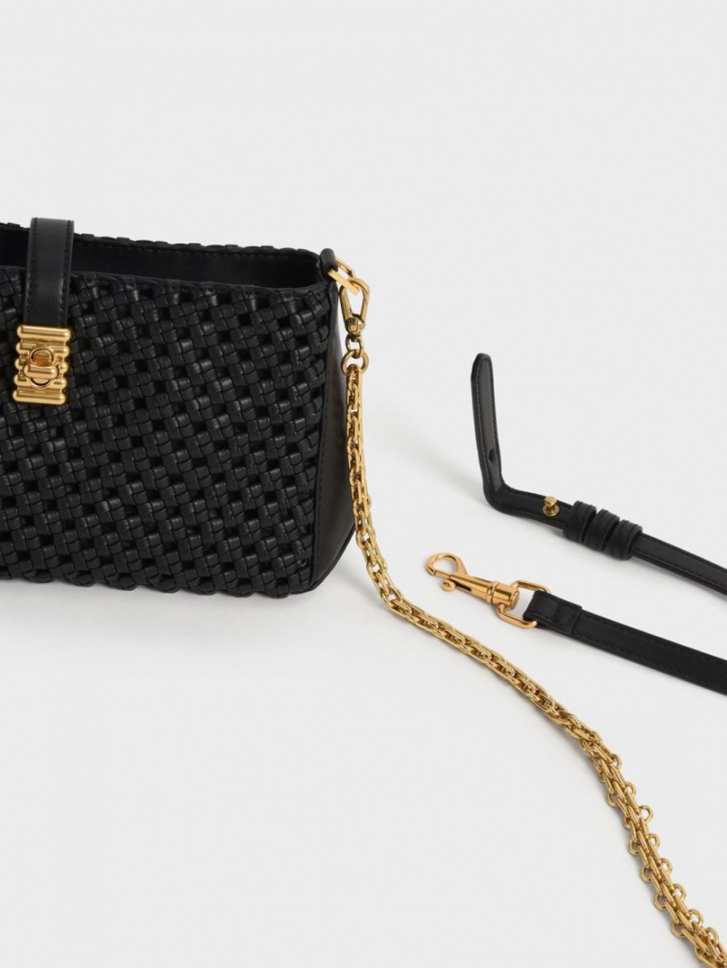 Charles And Keith Nova Woven Chain-Handle Shoulder Bags Black | PHILIPPINES P612