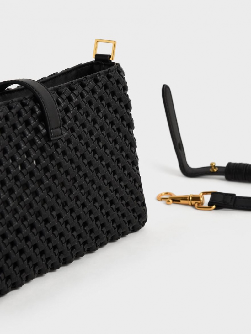 Charles And Keith Nova Woven Chain-Handle Shoulder Bags Black | PHILIPPINES P612