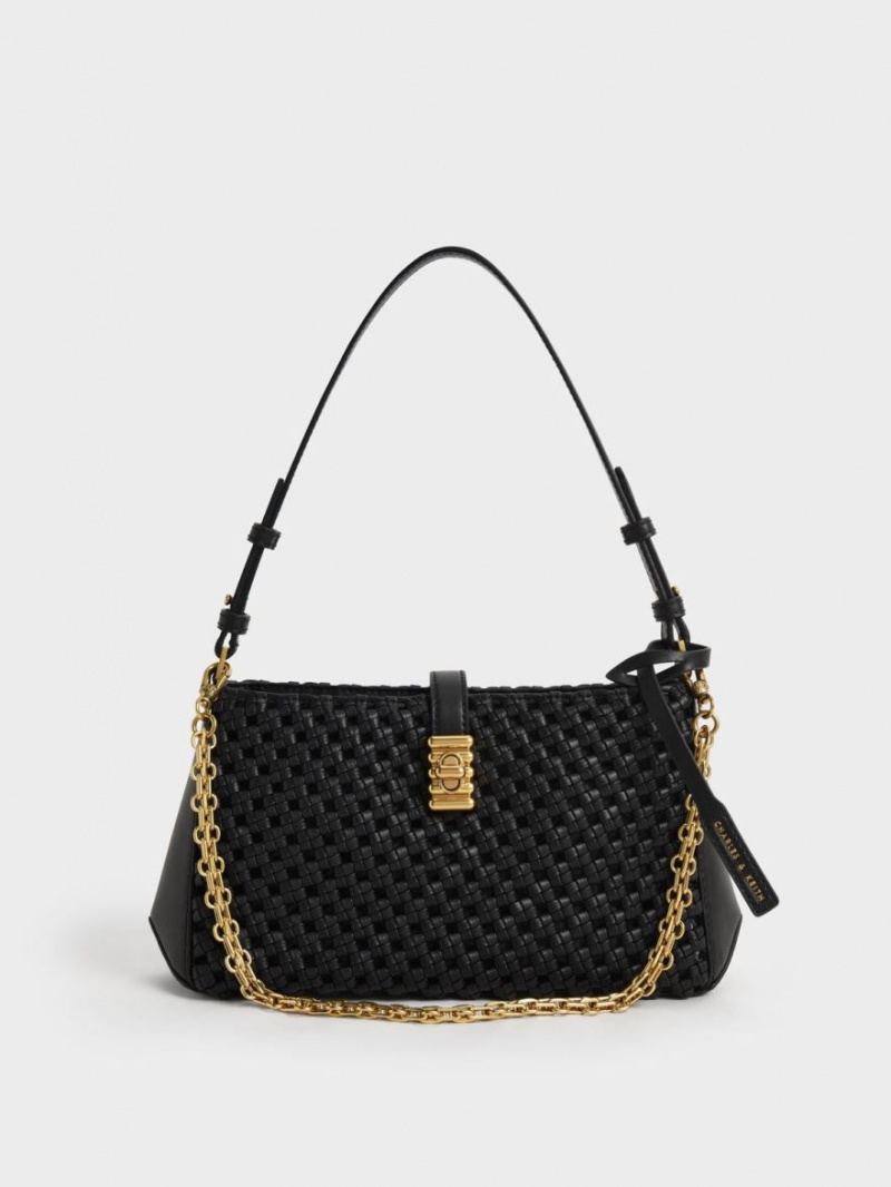 Charles And Keith Nova Woven Chain-Handle Shoulder Bags Black | PHILIPPINES P612