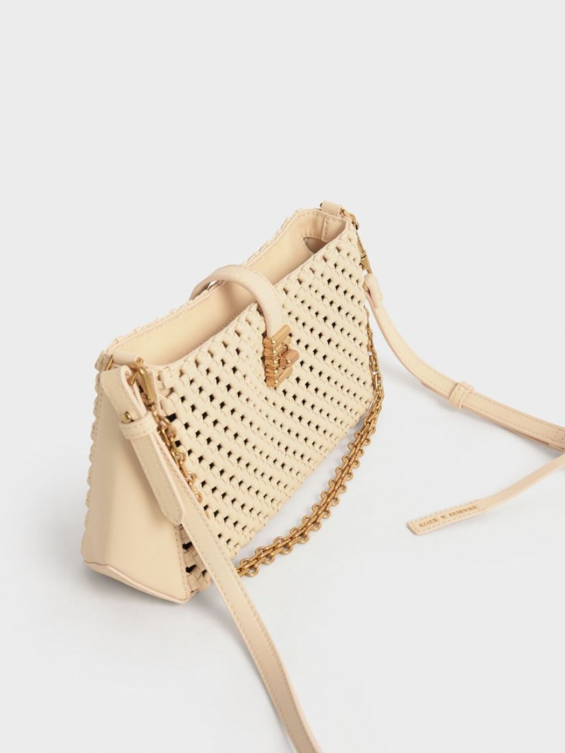 Charles And Keith Nova Woven Chain-Handle Shoulder Bags Beige | PHILIPPINES D089