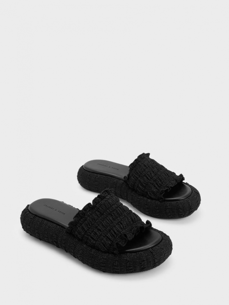 Charles And Keith Nuala Ruched Flatforms Slides Black | PHILIPPINES O986