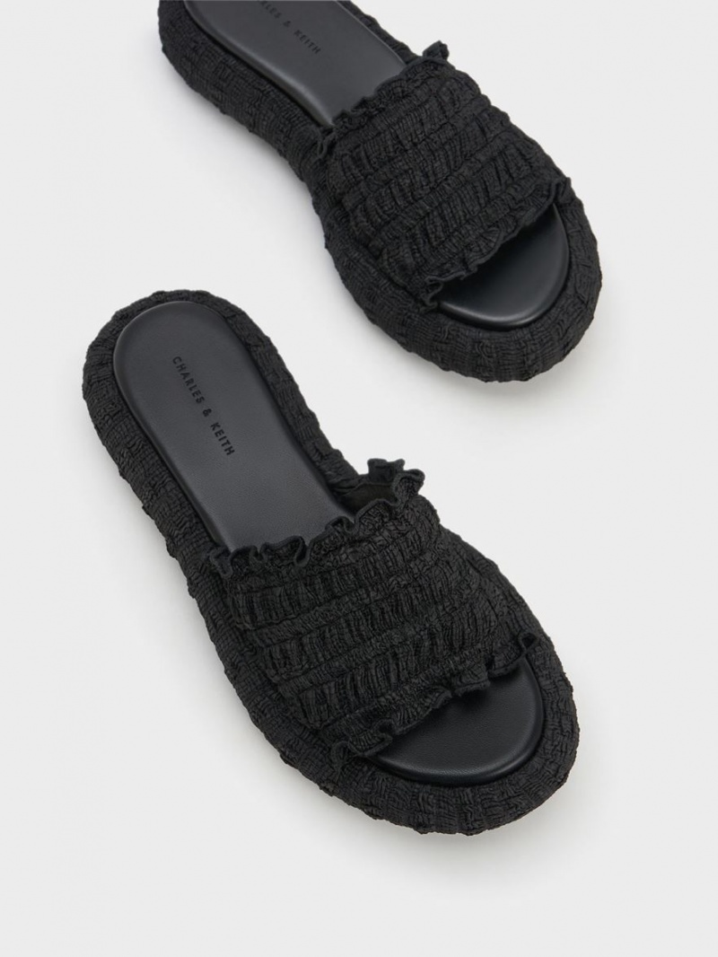 Charles And Keith Nuala Ruched Flatforms Slides Black | PHILIPPINES O986