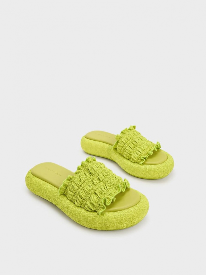 Charles And Keith Nuala Ruched Flatforms Slides Light Green | PHILIPPINES R270