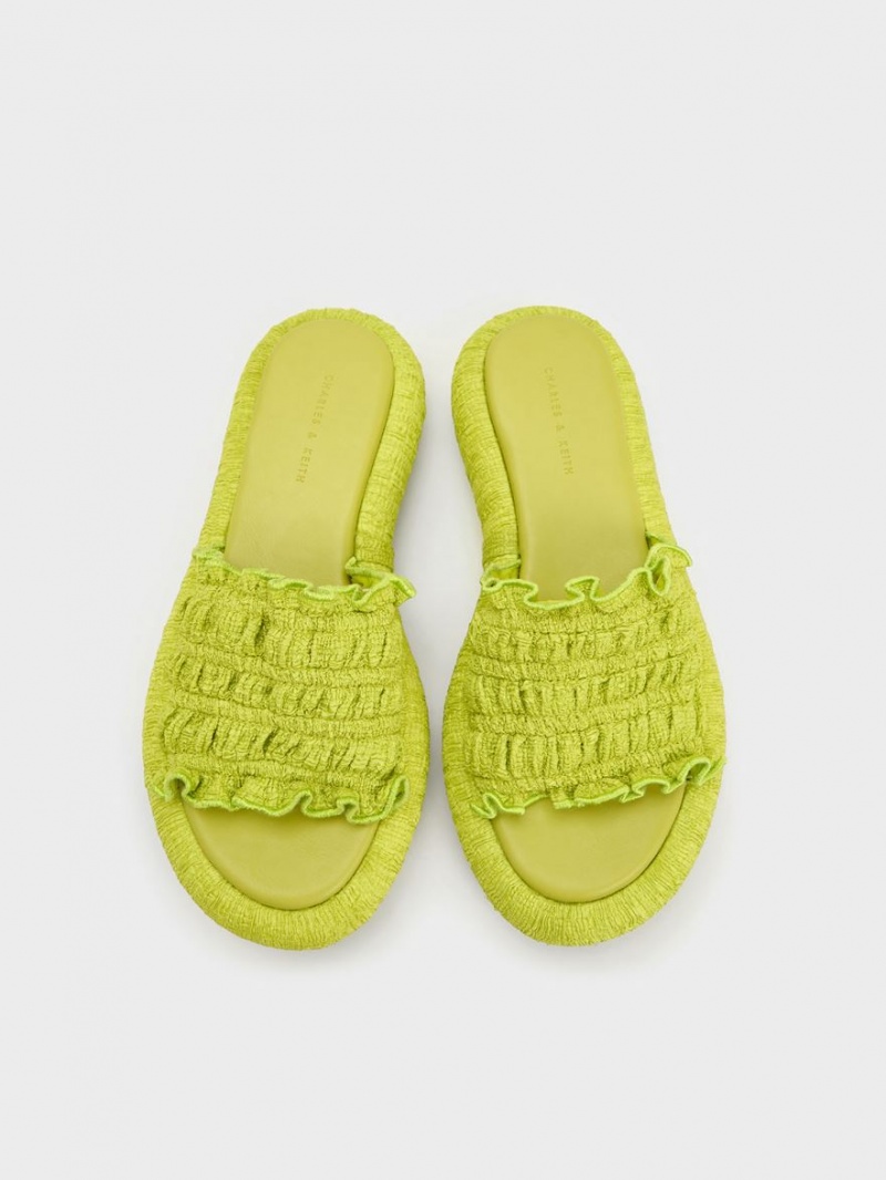 Charles And Keith Nuala Ruched Flatforms Slides Light Green | PHILIPPINES R270