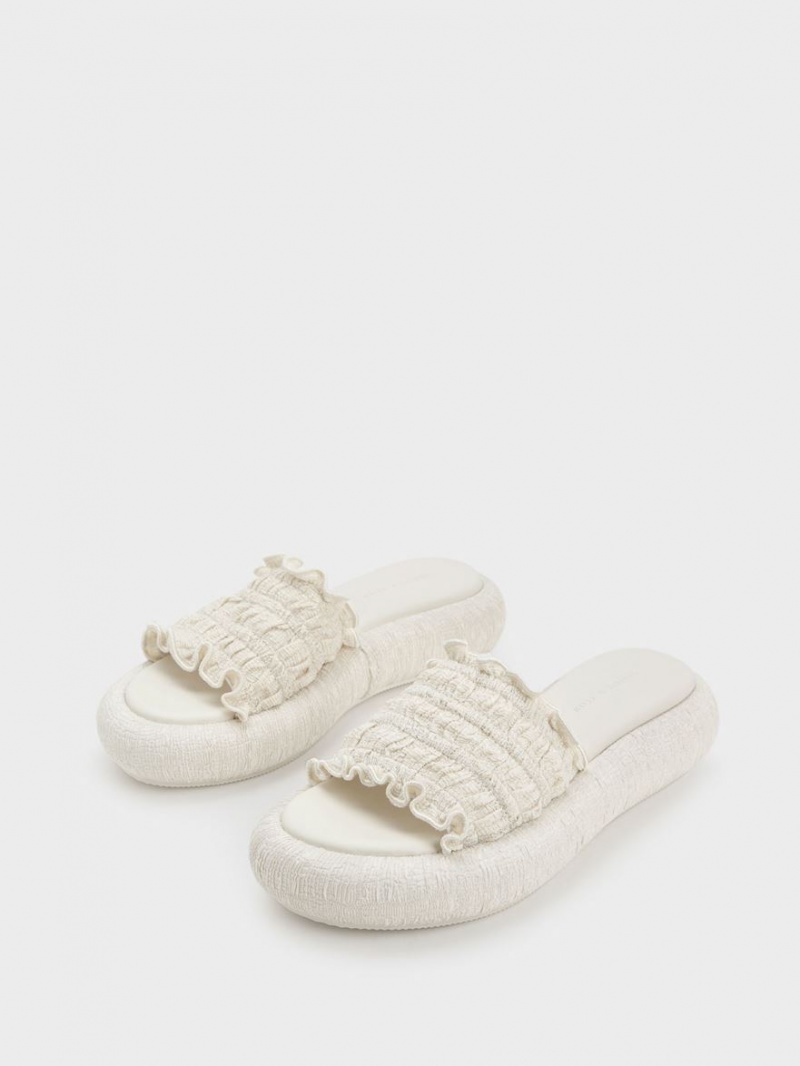 Charles And Keith Nuala Ruched Flatforms Slides Cream | PHILIPPINES O085